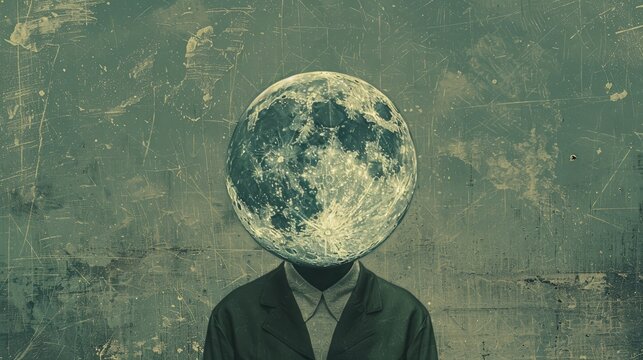 Minimal surreal illustration of a person with their head replaced by a moon