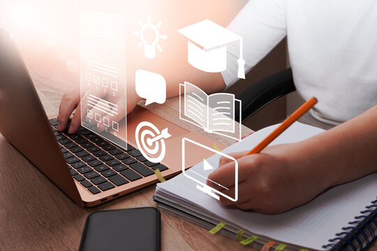  E-learning, education, online exam concept.Choose correct answer. Education internet online digital technology concept. New Year education 2025 background.