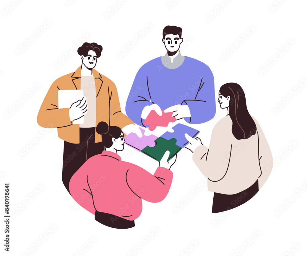 Poster teamwork concept. business team connecting jigsaw, matching puzzle pieces. corporate partnership con