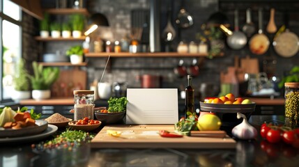 Fototapeta premium Exotic Fusion Cuisine Chef's Test Kitchen with Gourmet Dishes Exotic Spices and Recipe Notes Stock Image