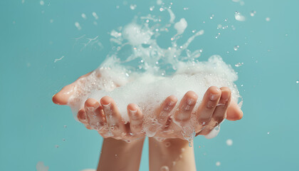 Fototapeta premium Hands in soap foam on light blue background