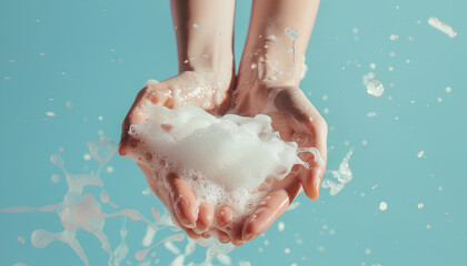Fototapeta premium Hands in soap foam on light blue background