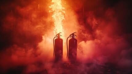 Studio photo of fire extinguishers set against a dramatic fire scene, symbolizing emergency safety measures