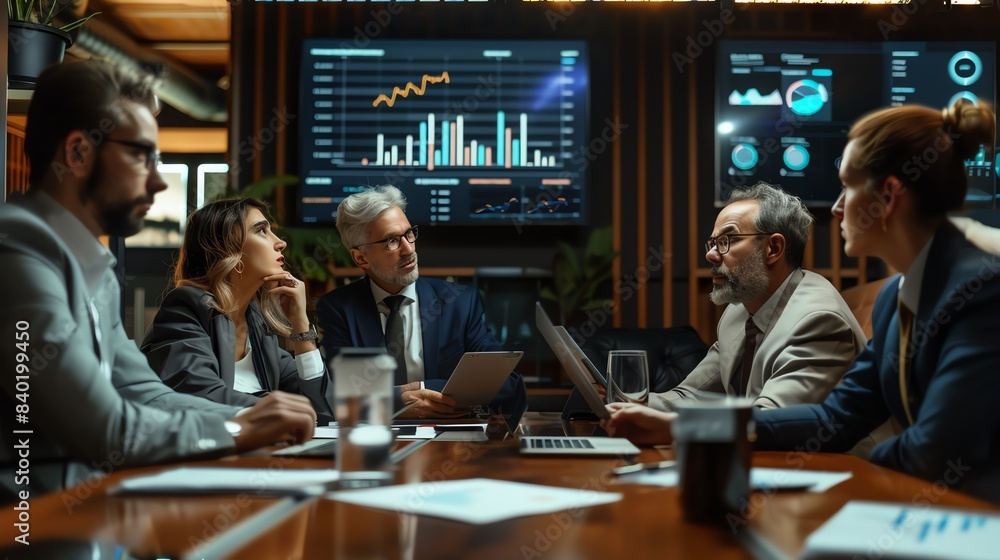 Poster business professionals having a meeting in a modern conference room with data charts and graphs disp