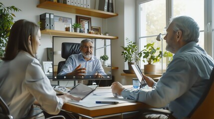 Business colleagues having a video conference meeting with a colleague on a screen, discussing work in a modern office setting.