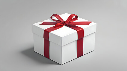 Obraz premium A close up of a blank white gift box with a red ribbon tied on it in an isolated grey background with copy space, conceptual, minimal 