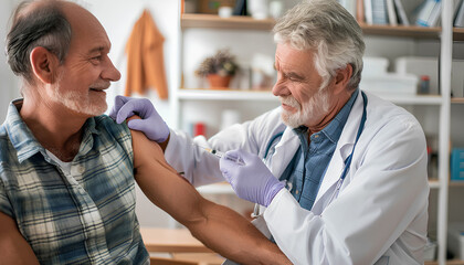 Obraz premium Mature doctor giving sporty man with joint pain injection in cli