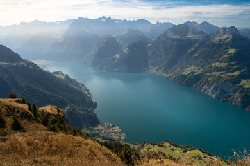 Lake in a valley seen from Fronalpstock summit in Switzerland. Swiss Alps iconic view