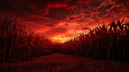 Scary cornfield, blood-red sky casting eerie shadows, creating a nightmarish and frightening ambiance