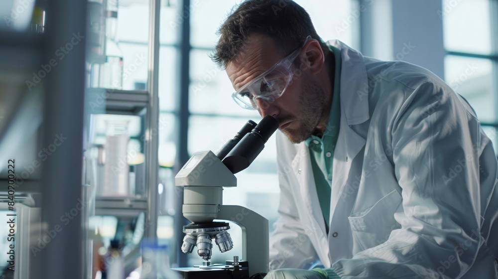 Poster the scientist using microscope