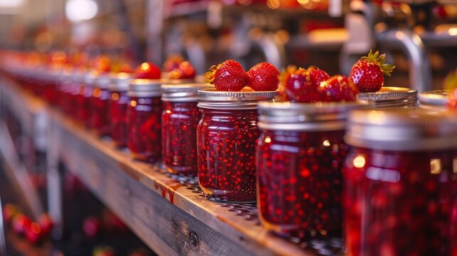 Raw style image of strawberry jam jars in an industrial setting, close-up view of the production line