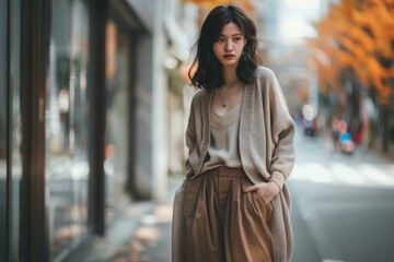 Fototapeta premium Trendy Asian Woman Walking in Autumn Street. Generative AI.