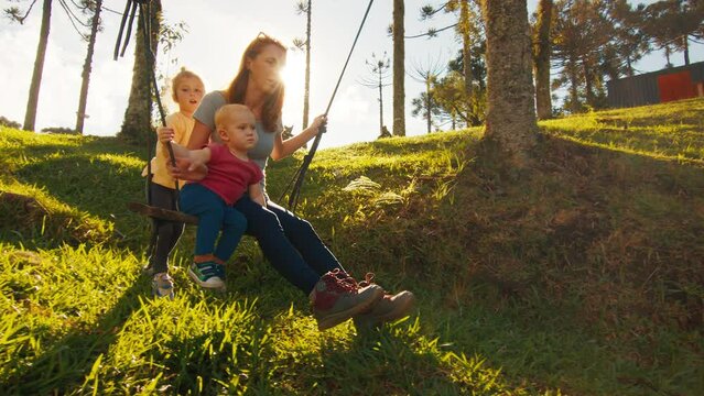 Woman with kids have fun on the swing on the green lush meadow on sunset