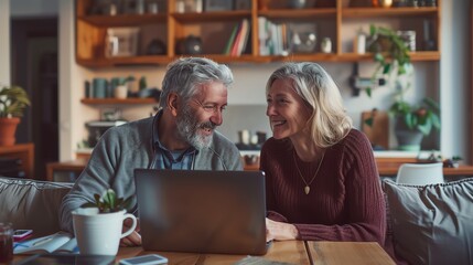 Fototapeta premium Happy senior couple using a laptop together at home, sitting at a wooden table in a cozy living room with shelves in the background.