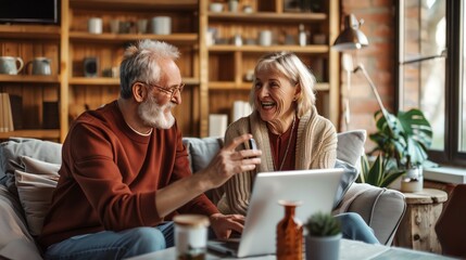 Happy senior couple using a laptop at home, sharing a moment of laughter and conversation in a cozy living room.