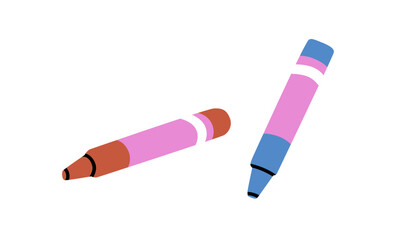 Coloured crayon pencils. Drawing sticks, wax supplies. Painting accessories for fine art. Stationery, oil pastel, colored pigments. Flat graphic vector illustration isolated on white background