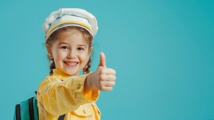 A cute little  smiling cute showing  thumb-up, on pastel color background