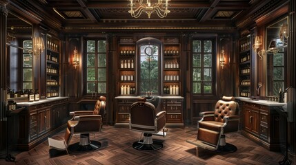 Barber's Haven Stylish Men's Grooming Salon with Luxurious Leather Chairs Premium Shaving Kits and Exquisite Colognes Perfect for Business Cards and SelfCare