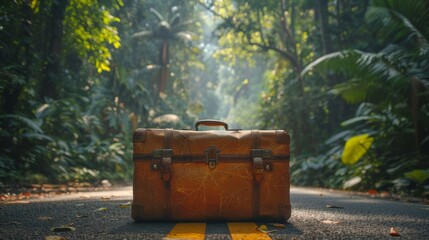 Suitcase sitting by the roadside, with a backdrop of lush trees, captured in a raw, naturalistic style