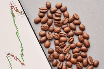 Photograph of the coffee beans and candlestick growing price chart on mobile phone. Coffee is one...