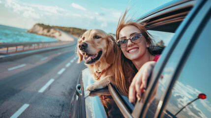 happy young woman with cute retriever dog leaning out of open car window while driving on highway in nature on sunny joyful summer day, travel concept