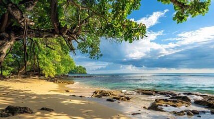 Serene Tropical Beach with Lush Greenery and Golden Sands