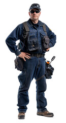 Fototapeta premium PNG of A security guard wearing tactical gear and sunglasses, representing security, protection, and law enforcement.