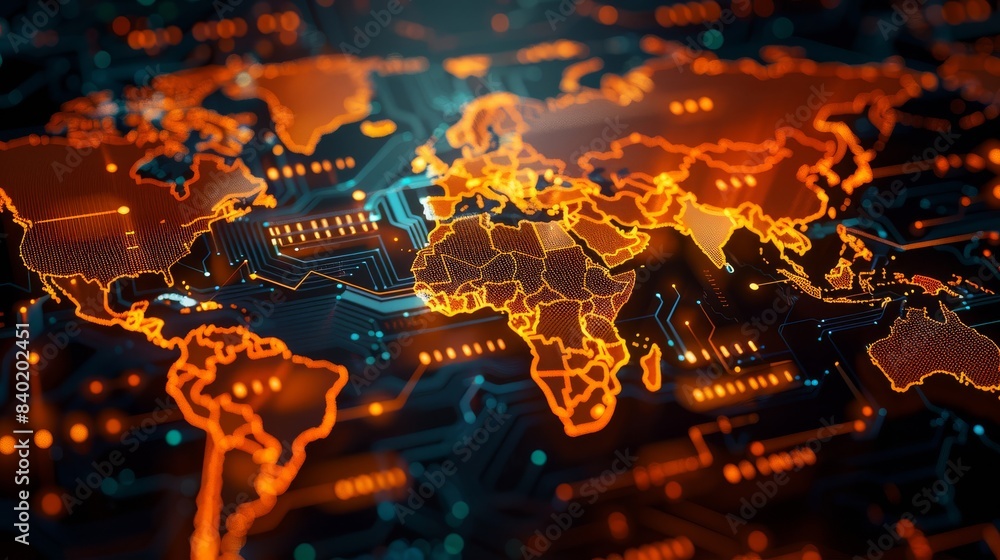 Poster technological evolution visualized through digital world map circuit