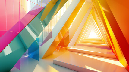 Bright, geometric hallway with colorful triangular prisms creating a dynamic and futuristic perspective.