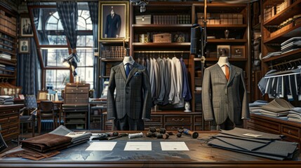 Exquisite Tailored Suits Bespoke Workshop with Fine Fabrics Thread Spools and Business Cards