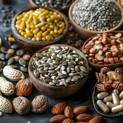 Fototapeta premium A bowl of mixed nuts and dried fruits with various beans and grains, showcasing healthy, organic, vegetarian ingredients