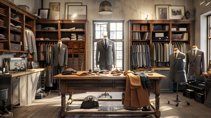 Exquisite Tailored Suits Bespoke Workshop with Fine Fabrics Thread Spools and Business Cards