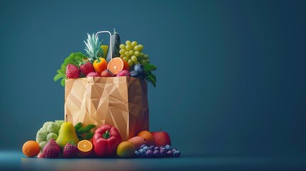 Futuristic 3d paper bag groceries with fruits and vegetables in dark blue background 