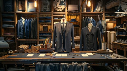 Exquisite Tailored Suits Bespoke Workshop with Fine Fabrics Thread Spools and Business Cards