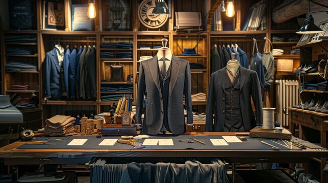 Exquisite Tailored Suits Bespoke Workshop with Fine Fabrics Thread Spools and Business Cards