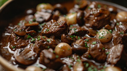 Savory beef bourguignon stew with tender chunks of beef, mushrooms, and pearl onions.