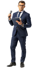 Naklejka premium PNG of Professional reporter in a blue suit holding a microphone and notes, ready to report news and conduct interviews. 