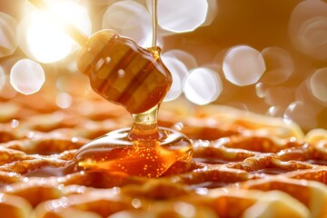 photograph of Belgian waffles with honey pouring from a bottle of maple syrup