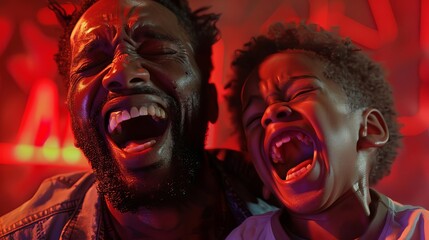 Obraz premium Close-up image of ecstatic African American father and son, laughing together, set against a striking red backdrop, finely detailed in highly realistic CG 3D style