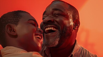 Close-up image of ecstatic African American father and son, laughing together, set against a striking red backdrop, finely detailed in highly realistic CG 3D style