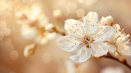 A detailed view of a cherry blossom flower, with sunlight illuminating the petals, Nature, Photography, Warm tones, Crisp detail