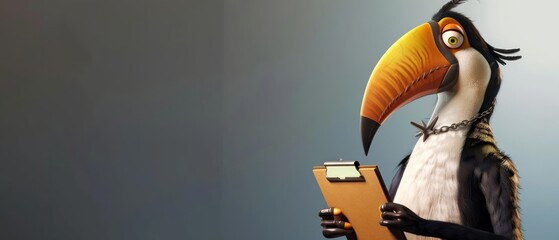 A featheryhanded toucan with a stern look stands as an executive, holding a clipboard confidently