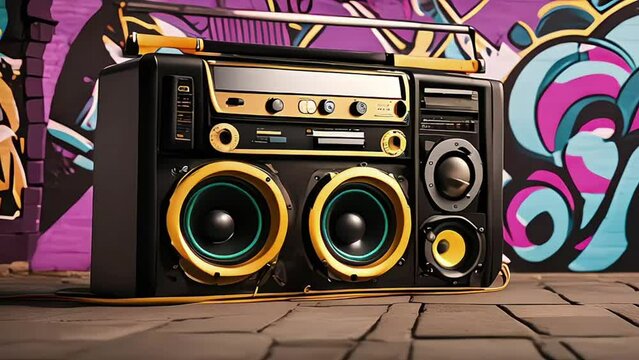 a boombox radio cassette tape recorder set against a vibrant graffiti wall art backdrop, capturing the essence of urban culture and retro music vibes