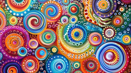 Fototapeta premium Horisontal abstract illustration of psychedelic colorful swirls and dots, vibrant colors. High quality photo