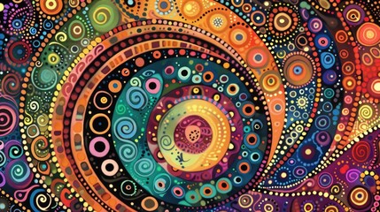 Horisontal abstract illustration of psychedelic colorful swirls and dots, vibrant colors. High quality photo