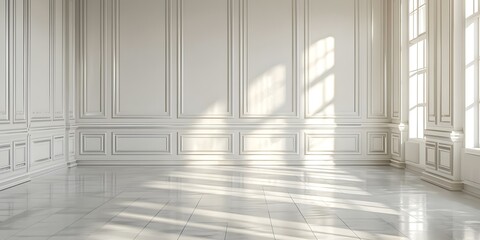 Fototapeta premium Classic white panel wall with light floors ideal for mockups. Concept Mockup photography, White panel wall, Light flooring
