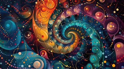Horisontal abstract illustration of psychedelic colorful swirls and dots, vibrant colors. High quality photo