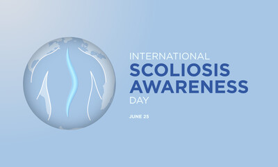 International Scoliosis Awareness Day banner, celebrated June 25. Human Illustration, spine with scoliosis on globe. Paper art. Blue gradient background for scoliosis. Vector Illustration. 