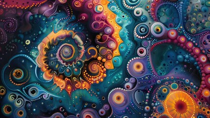 Horisontal abstract illustration of psychedelic colorful swirls and dots, vibrant colors. High quality photo