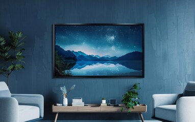 A serene, dreamy starlit night sky over a tranquil lake is showcased in a beautifully designed frame mockup